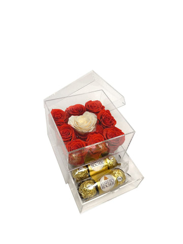 Acrylic Box of 9 Preserved Roses with Chocolates