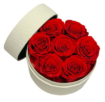 Embossed Round Box – 7 Red Preserved Roses