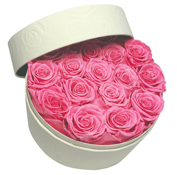 Embossed Round Box – 17 Pink Preserved Roses